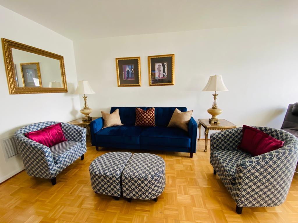 A living room features a blue sofa, two patterned armchairs, two ottomans, and gold-framed wall art — 2840 Cynthia Lane # 203, FL 33461, FL