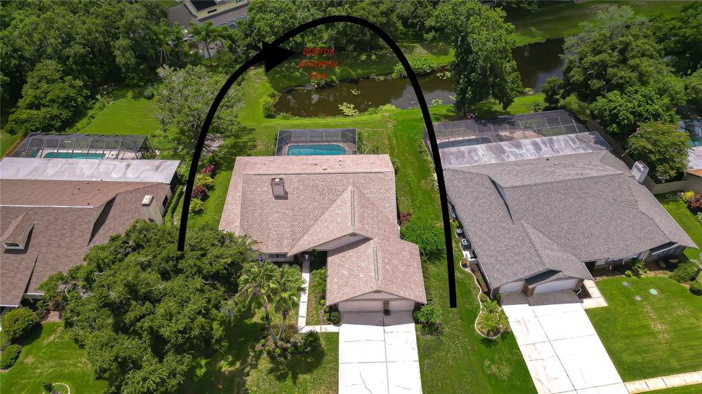 An aerial view shows a residential house with a pool and a large backyard pond — 16126 BELLE MEADE BOULEVARD, ODESSA, FL