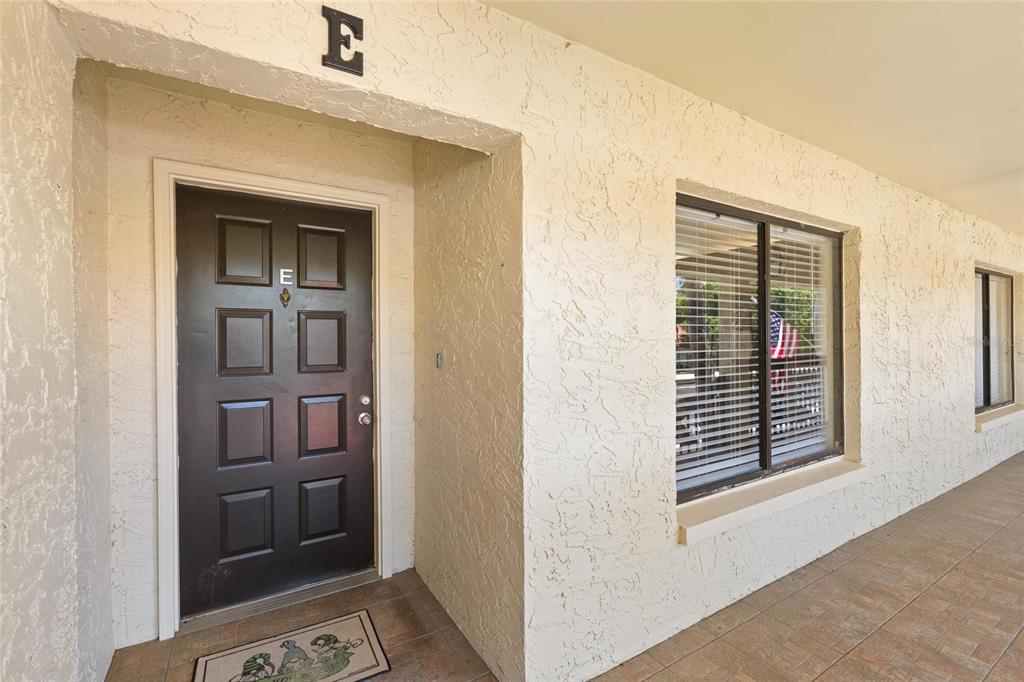 A dark brown front door with the letter E sits on a tiled porch — 1801 E LAKE ROAD UNIT 4E, PALM HARBOR, FL