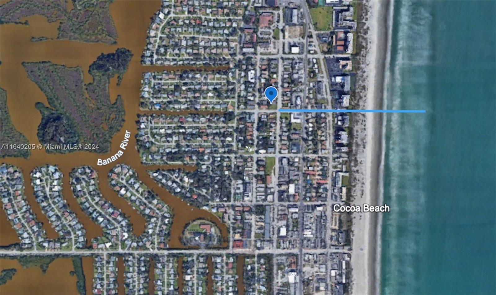This is an aerial map showing a residential area in Cocoa Beach near the ocean — 300 N Brevard Avenue, Cocoa Beach FL 32931, COCOA BEACH, FL