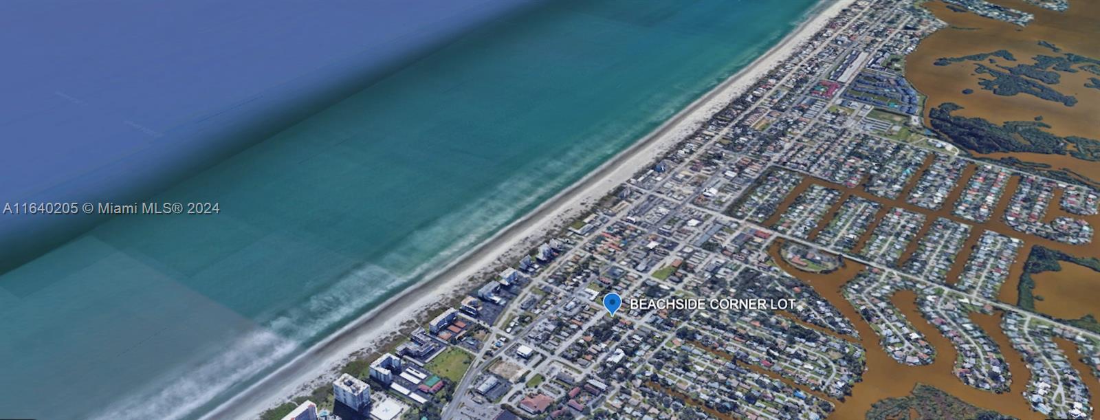 This is an aerial map view of a coastal neighborhood highlighting a beachside corner lot — 300 N Brevard Avenue, Cocoa Beach FL 32931, COCOA BEACH, FL