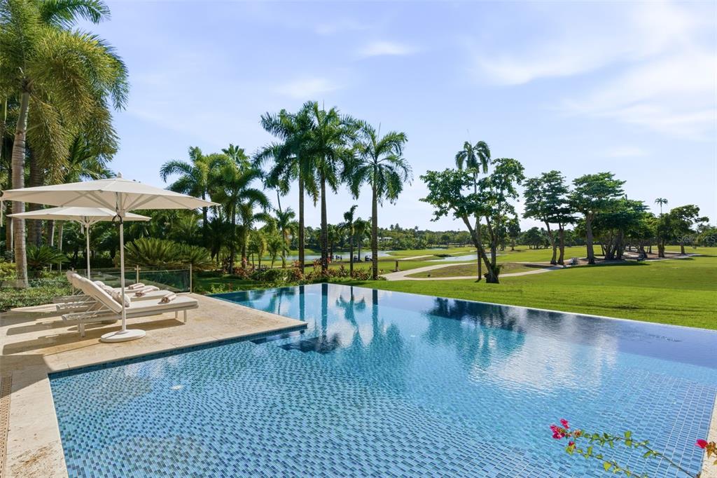 An infinity pool overlooks a grassy golf course with palm trees under a blue sky — 200 DORADO BEACH DRIVE UNIT 2210, DORADO, PR