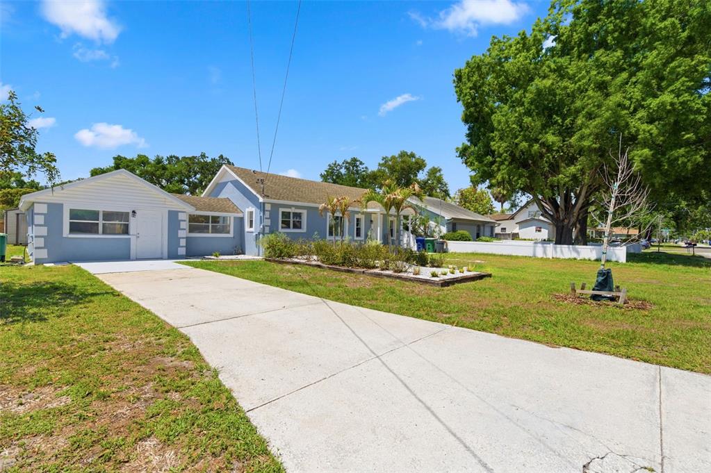 A blue single-story house with a concrete driveway and a large tree in the yard — 3144 W CORDELIA STREET, TAMPA, FL