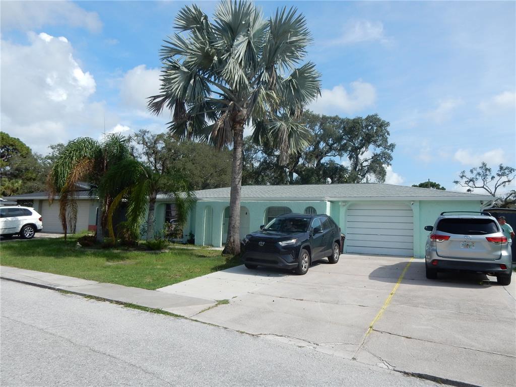 A light green single-story house with a two-car garage and a large palm tree — 7124 ASHWOOD DRIVE, PORT RICHEY, FL