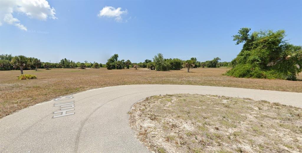 A paved cul-de-sac curves in front of a large, flat, undeveloped grassy lot with trees — 21 HULL COURT, PLACIDA, FL