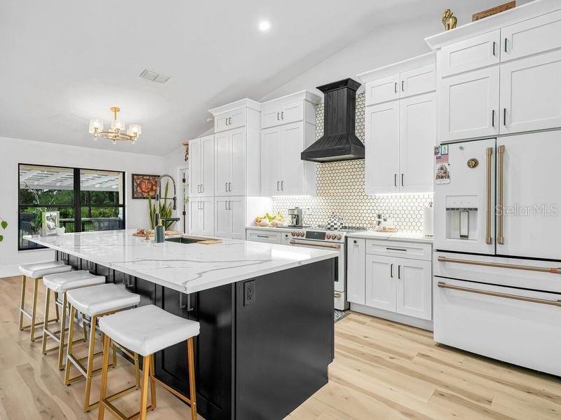 A modern kitchen features a black island, white cabinetry, gold hardware, and light wood flooring — 1850 S LAKE REEDY BOULEVARD, FROSTPROOF, FL