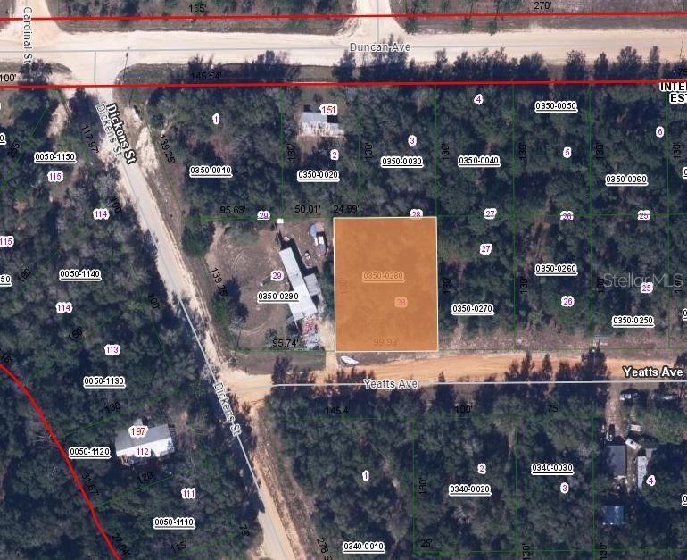 This is an aerial map showing a highlighted rectangular land parcel located near Yeatts Avenue — 00 YEATTS AVENUE, INTERLACHEN, FL
