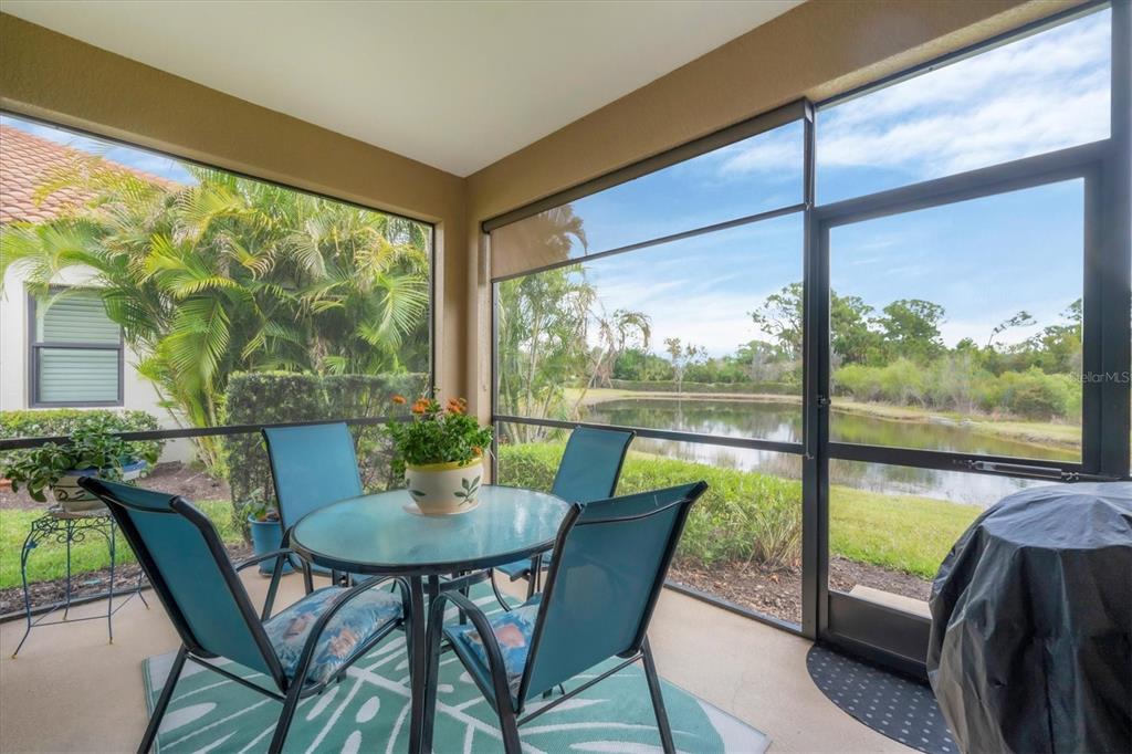 A screened-in patio features a dining set, a potted plant, and a view of a pond — 317 ACERNO DRIVE, NOKOMIS, FL