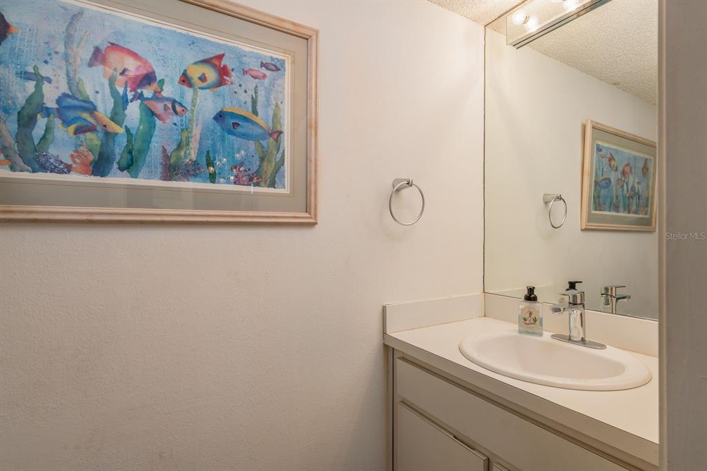 A bathroom features a white vanity, a sink, a mirror, and framed fish artwork — 602 LIME AVENUE UNIT 203, CLEARWATER, FL