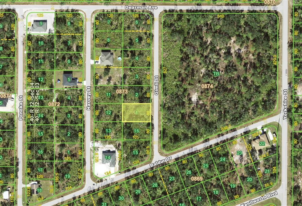 This is a satellite map showing residential lots, streets, and undeveloped land — 77 GIMLI STREET, PORT CHARLOTTE, FL