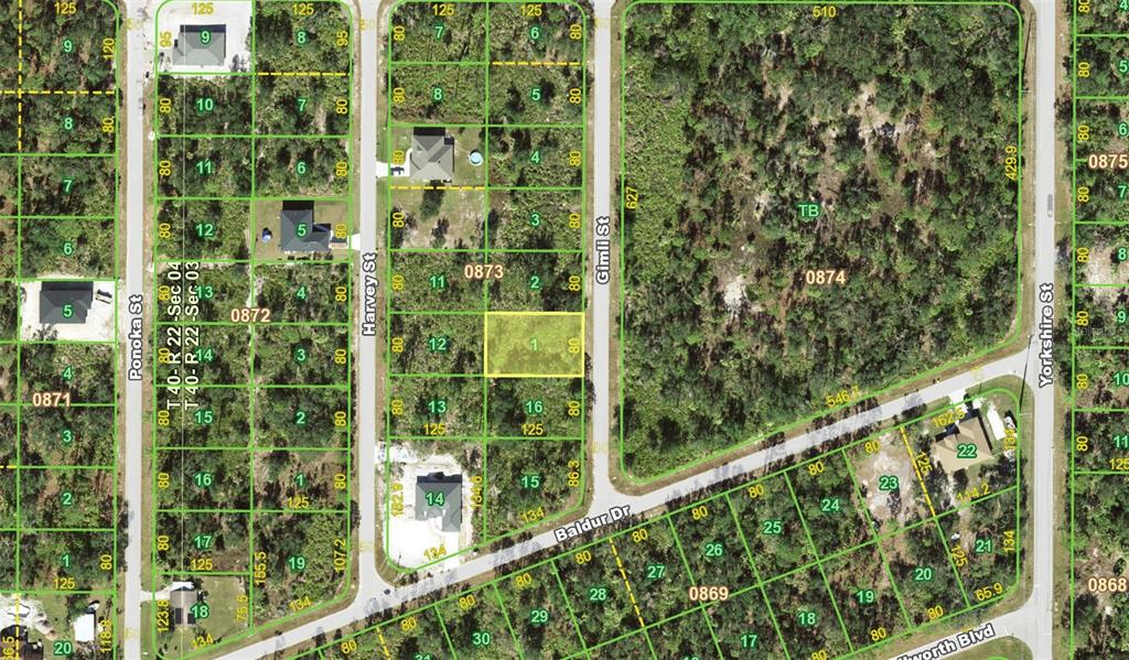 This is a property map showing residential lots, streets, and undeveloped wooded land — 77 GIMLI STREET, PORT CHARLOTTE, FL