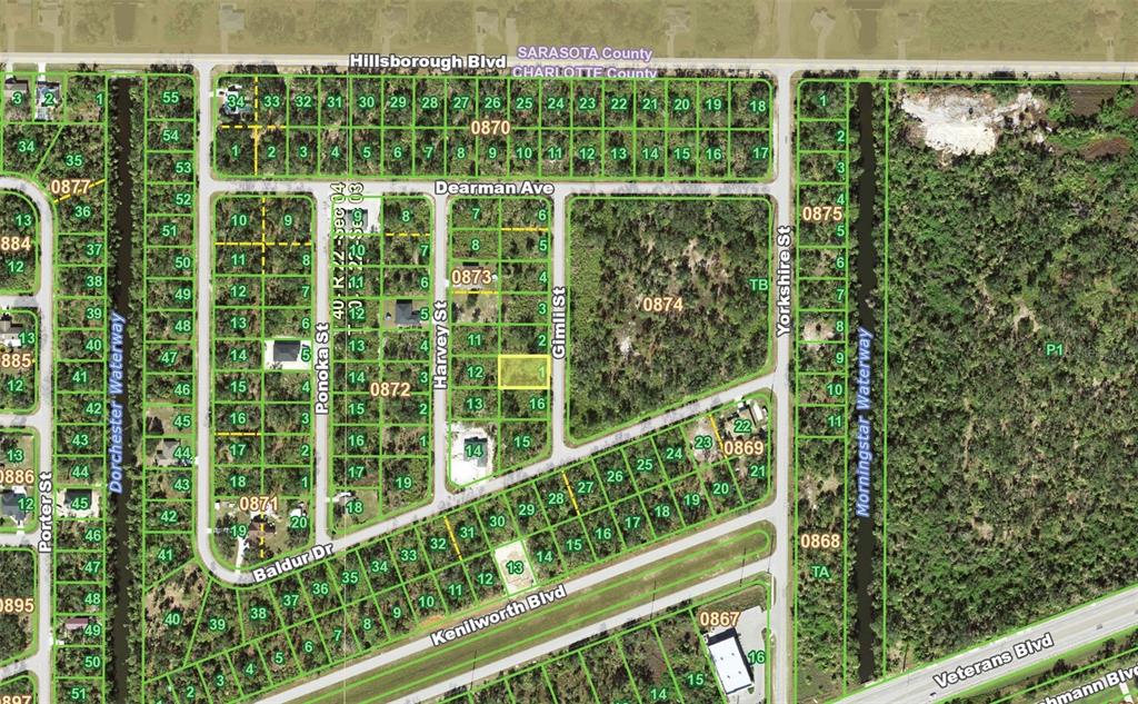 This is a map showing residential lots and streets in a wooded area — 77 GIMLI STREET, PORT CHARLOTTE, FL