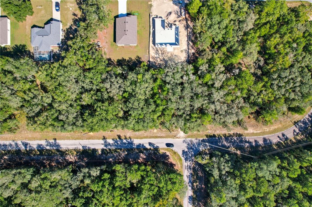 An aerial view shows a residential street with houses, wooded areas, and a vacant lot — 10562 N ADLER DRIVE, CITRUS SPRINGS, FL