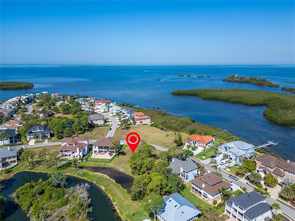 An aerial view shows a vacant residential lot surrounded by houses, trees, and a waterway — N POINTE ALEXIS DRIVE, TARPON SPRINGS, FL