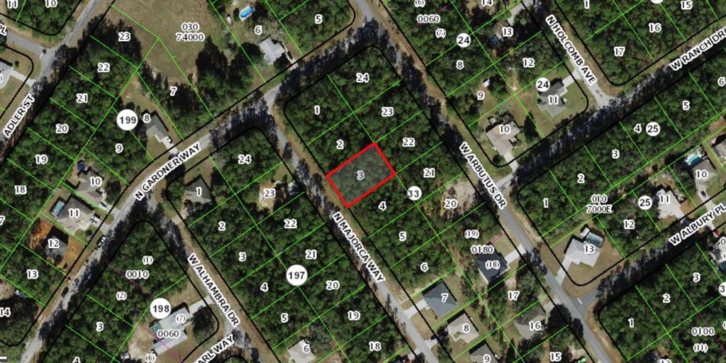 This is an aerial map showing residential lots and street layouts in a wooded neighborhood — 10269 N MAJORCA WAY, CITRUS SPRINGS, FL