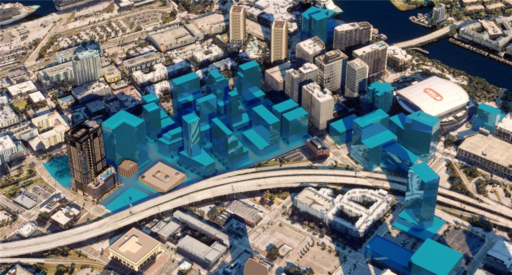 An aerial rendering shows a city skyline with blue-highlighted buildings and an adjacent sports arena — 1101 E JACKSON STREET UNIT 3019, TAMPA, FL