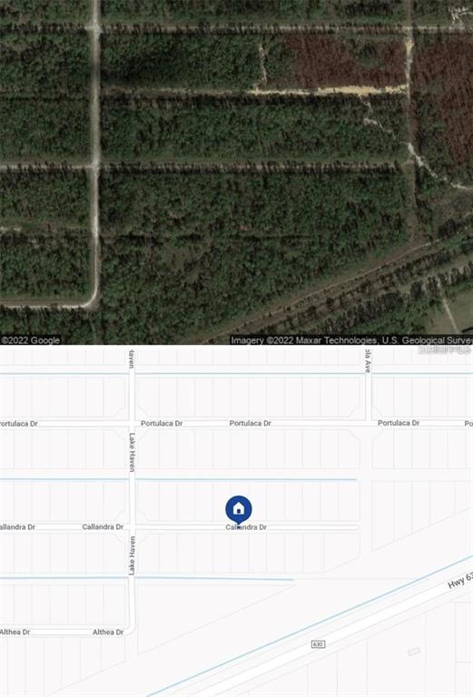 This image shows a satellite view and a corresponding street map of a vacant lot — 1008 CALLIANDRA DRIVE, INDIAN LAKE ESTATES, FL