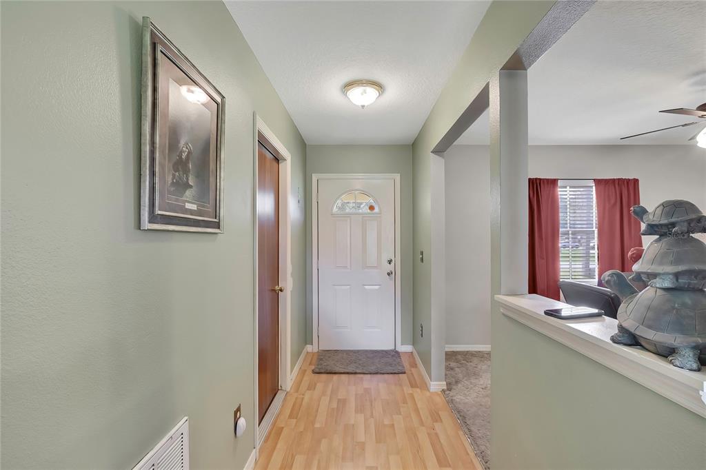 An entryway features light green walls, wood-look flooring, a white front door, and a wall cutout — 7499 WABASH TRAIL, SPRING HILL, FL