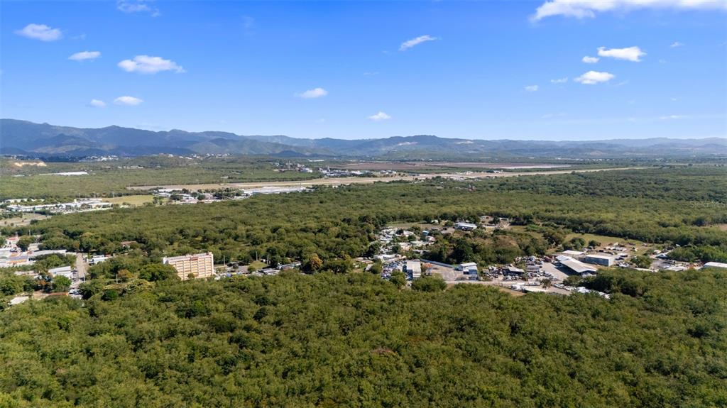 An aerial view shows a landscape with dense green trees, scattered buildings, and distant mountains — SECTOR VALLAS TORRES LOT 2, PONCE, PR