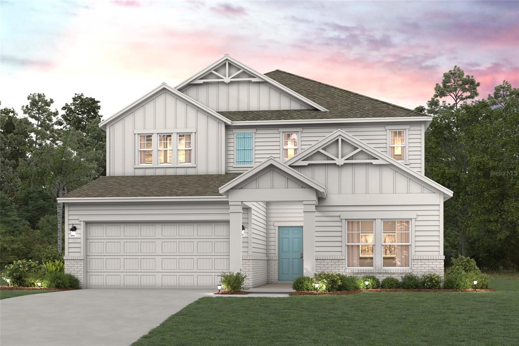 A digital rendering of a two-story suburban house with white siding and a blue door — 1332 RIBBON PLACE, PALM COAST, FL