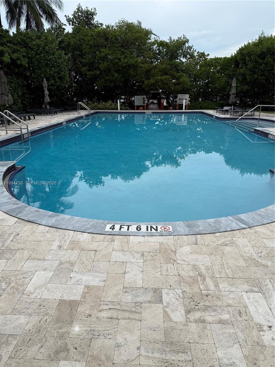 A rectangular swimming pool with a stone deck is surrounded by lush green trees — SUNNY ISLES BEACH, FL