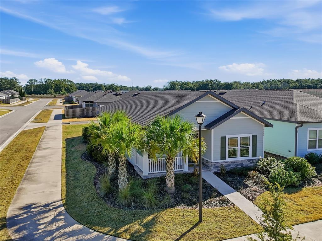 A light-colored single-story house with a front porch, palm trees, and a sidewalk — 9567 SW 66TH LANE, GAINESVILLE, FL