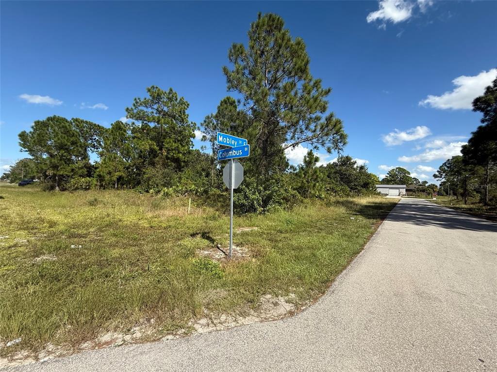 A street sign marks the intersection of Mobley Street and Columbus Boulevard in a grassy lot — 627 COLUMBUS BOULEVARD S, LEHIGH ACRES, FL