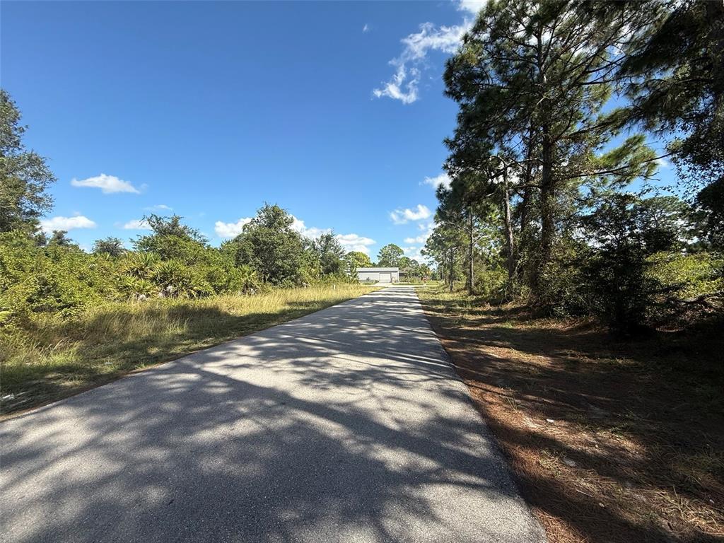 A paved road leads toward a distant building surrounded by trees and brush — 627 COLUMBUS BOULEVARD S, LEHIGH ACRES, FL