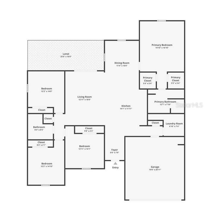 This is a floor plan showing a house layout with three bedrooms, a garage, and lanai — 3855 LAMARQUE AVENUE, NORTH PORT, FL