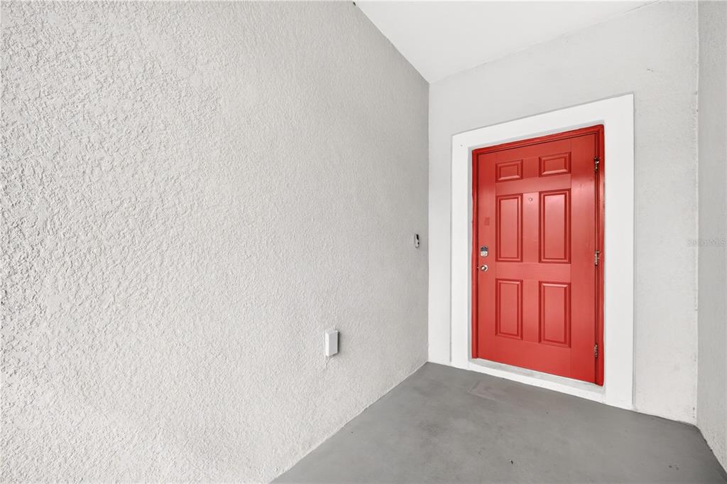 A bright red front door is set into a plain white stucco wall — 11855 DUMAINE VALLEY ROAD, RIVERVIEW, FL