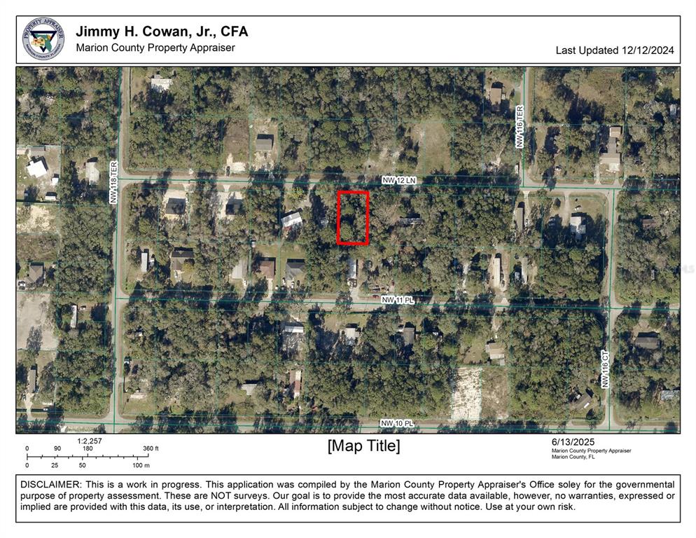 This is a satellite map showing a highlighted rectangular property lot in a residential area — 11746 NW 12TH LANE, OCALA, FL