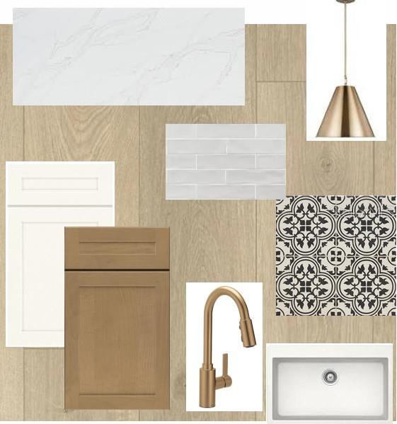 This interior design mood board features wood flooring, white cabinets, gold fixtures, and patterned tiles — 6820 CHLOE COURT, SARASOTA, FL