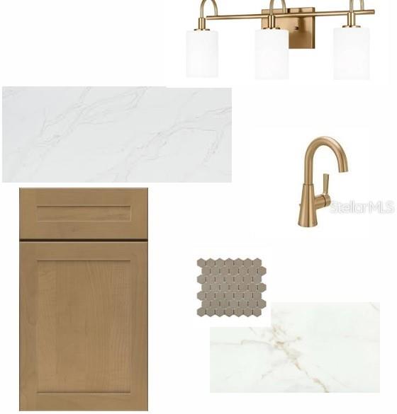 This digital rendering displays a bathroom design board featuring wood cabinets, marble countertops, and fixtures — 6820 CHLOE COURT, SARASOTA, FL