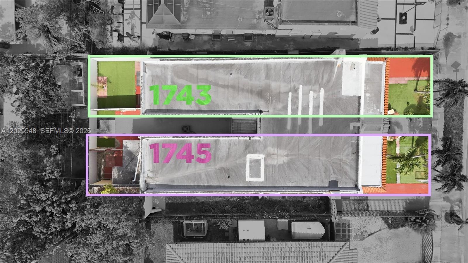 This aerial view shows two adjacent residential buildings with flat roofs and private yard spaces — 1745 SW 17th St # 2, Miami FL 33145, MIAMI, FL