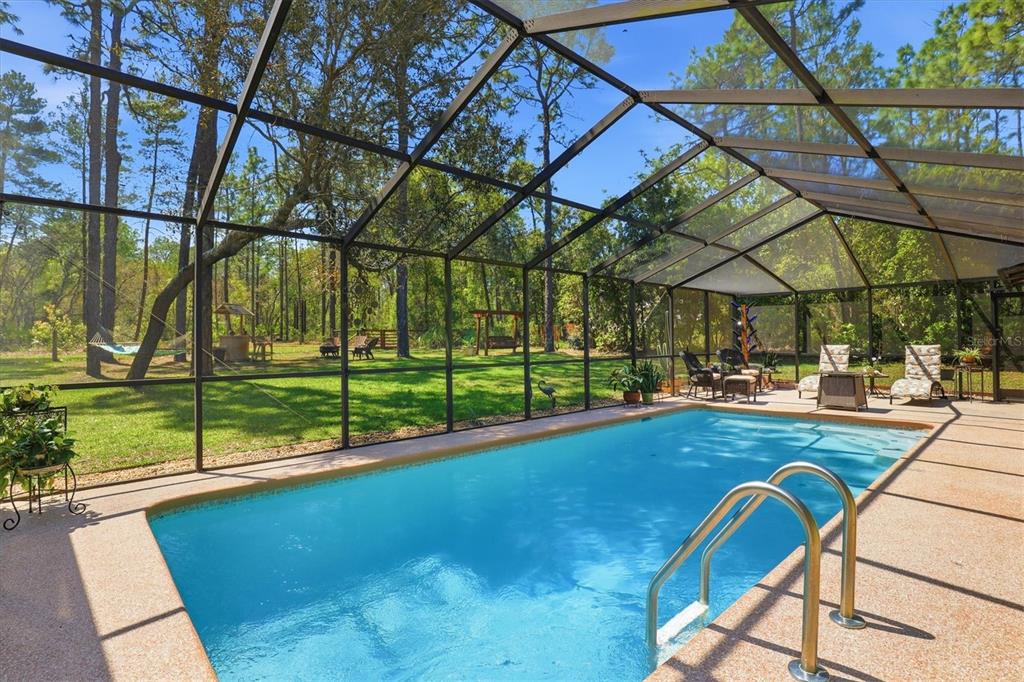 A screened-in swimming pool overlooks a grassy backyard with trees and a wooden swing set — 9032 BIRMINGHAM AVENUE, WEEKI WACHEE, FL