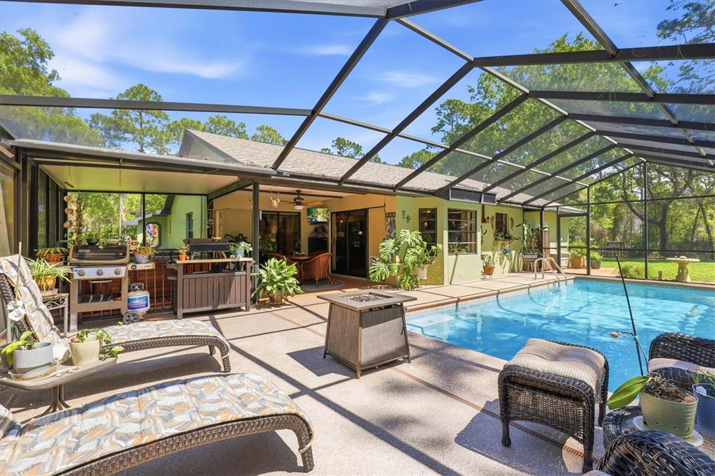 A screened-in patio features a swimming pool, lounge chairs, a grill, and a fire pit — 9032 BIRMINGHAM AVENUE, WEEKI WACHEE, FL