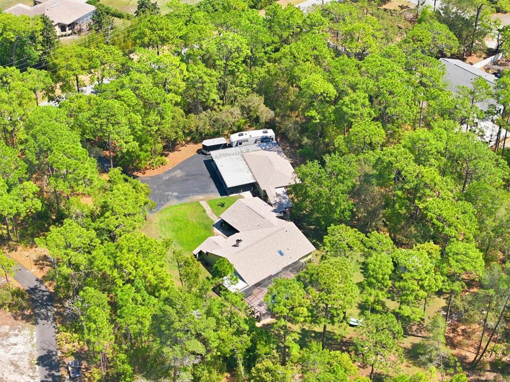 An aerial view shows a house with a metal carport, driveway, and surrounding pine trees — 9032 BIRMINGHAM AVENUE, WEEKI WACHEE, FL