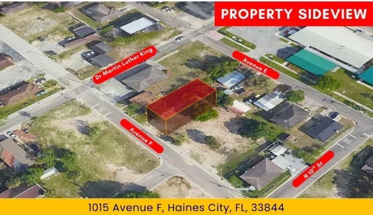 An aerial view shows a vacant, rectangular lot highlighted in red within a residential neighborhood — 1015 AVENUE F, HAINES CITY, FL