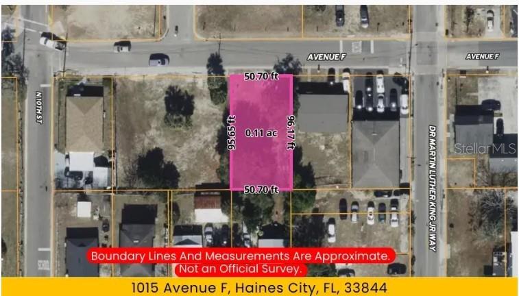 This is an aerial map showing the property boundaries and dimensions of a vacant lot — 1015 AVENUE F, HAINES CITY, FL