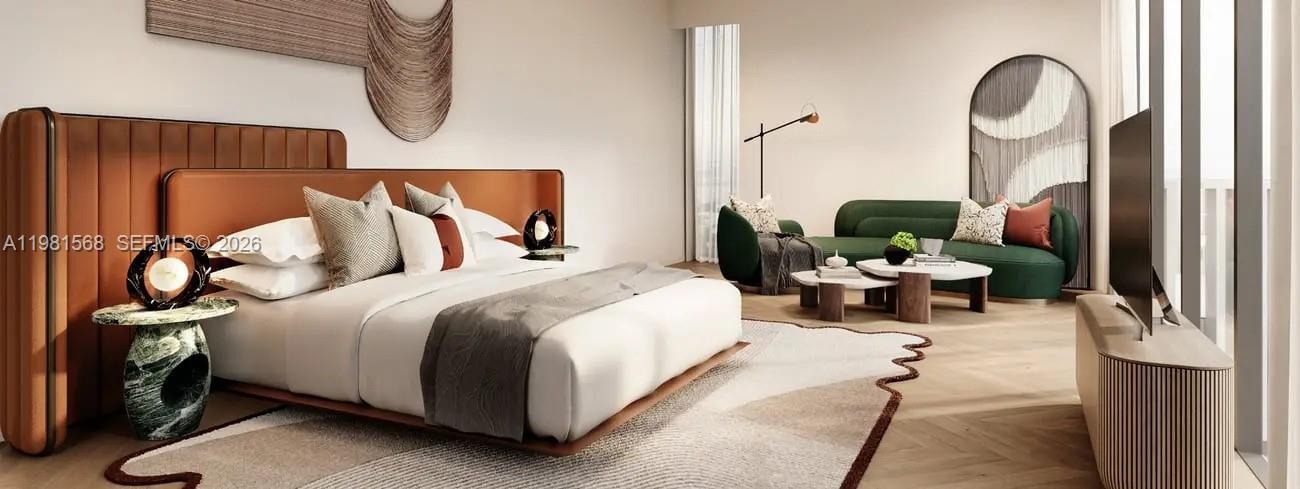 This rendering shows a modern bedroom with a large bed, green sofa, and wood flooring — C1 Hamouda Bin Ali Al Dhaheri Street # 0, Abu Dhabi, FL