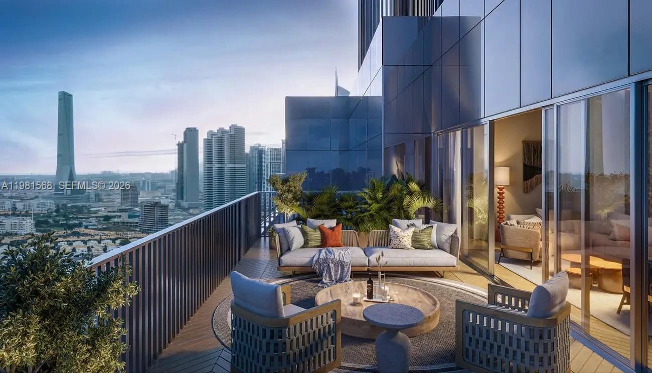 This rendering shows a high-rise balcony with outdoor seating overlooking a city skyline — C1 Hamouda Bin Ali Al Dhaheri Street # 0, Abu Dhabi, FL