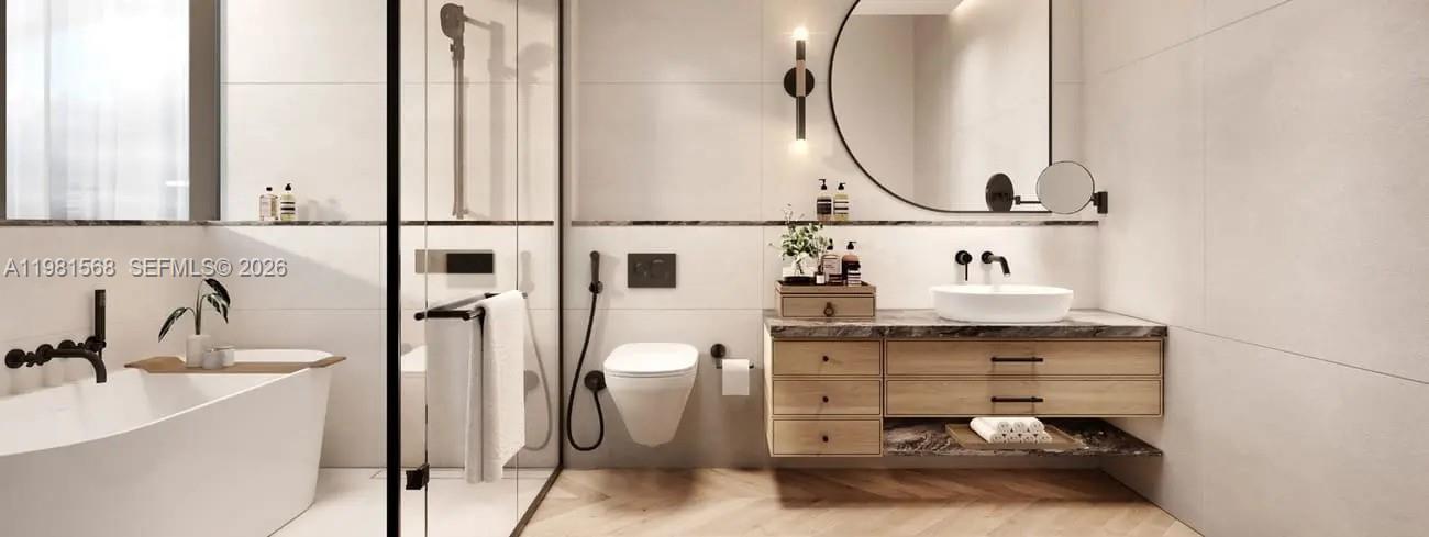 This is a rendering of a modern bathroom featuring a floating vanity and soaking tub — C1 Hamouda Bin Ali Al Dhaheri Street # 0, Abu Dhabi, FL