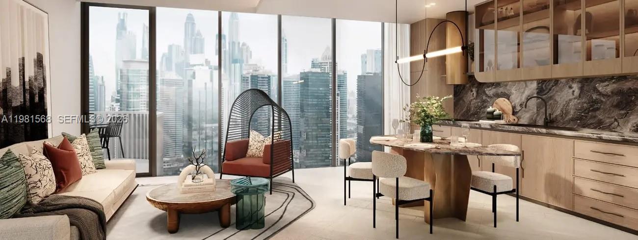 This rendering shows a modern open-concept living and dining area with floor-to-ceiling city views — C1 Hamouda Bin Ali Al Dhaheri Street # 0, Abu Dhabi, FL