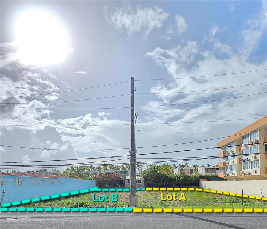 A vacant lot is divided into two sections labeled Lot A and Lot B — 16 OCEAN DRIVE AVENUE LOTS A & B, LUQUILLO, PR