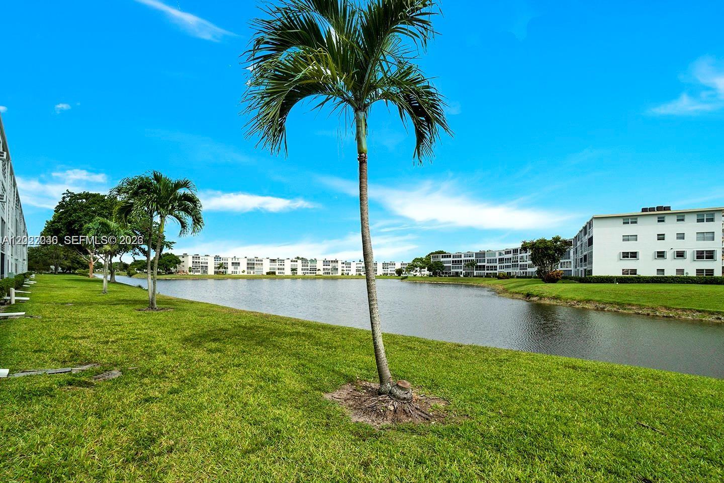 A grassy lawn borders a pond surrounded by multi-story apartment buildings under a blue sky — 4052 E Harwood E # 4052, Deerfield Beach FL 33442, DEERFIELD BEACH, FL
