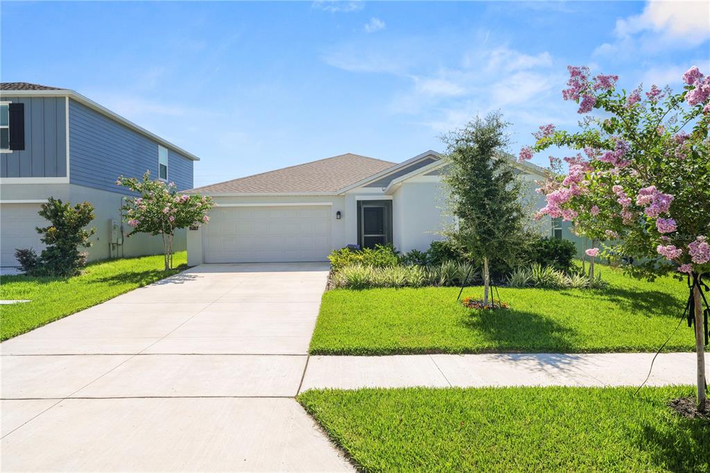 A single-story house with a two-car garage, a concrete driveway, and flowering trees in front — 2914 PENNACHIO DRIVE, LAKE WALES, FL