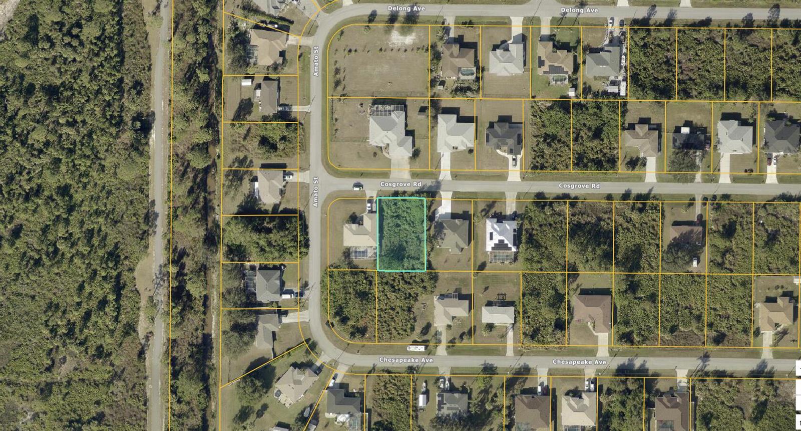 An aerial map view shows a residential neighborhood with a highlighted vacant lot — Tbd Cosgrove Road, Venice FL 34291, VENICE, FL