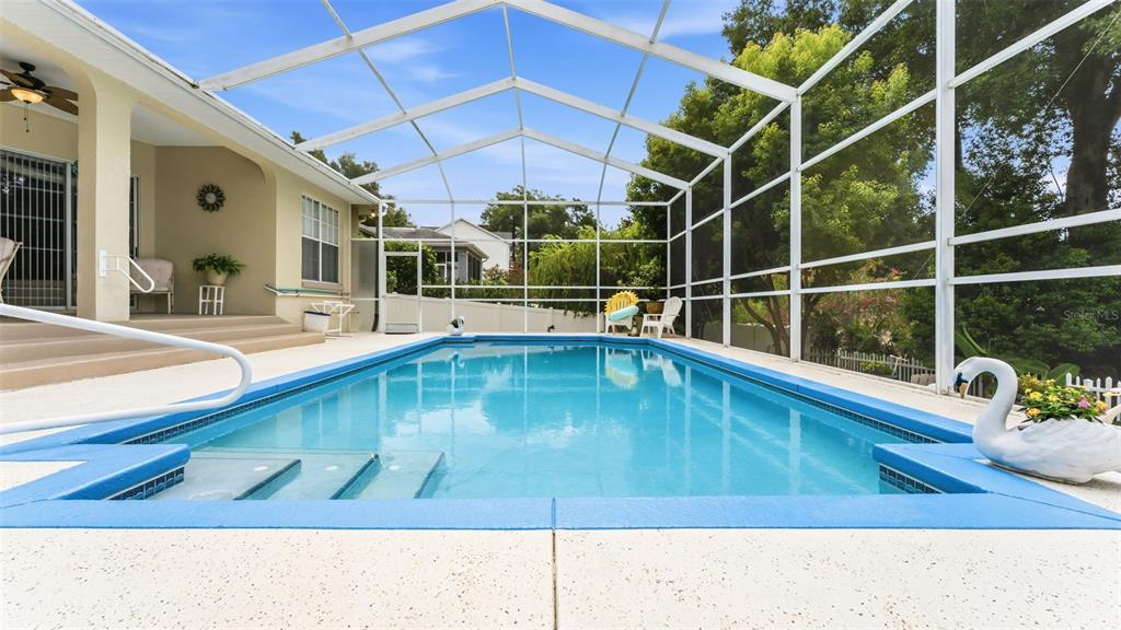 A rectangular swimming pool sits inside a screened-in patio area next to a house — 5539 BLOOMFIELD BOULEVARD, LAKELAND, FL