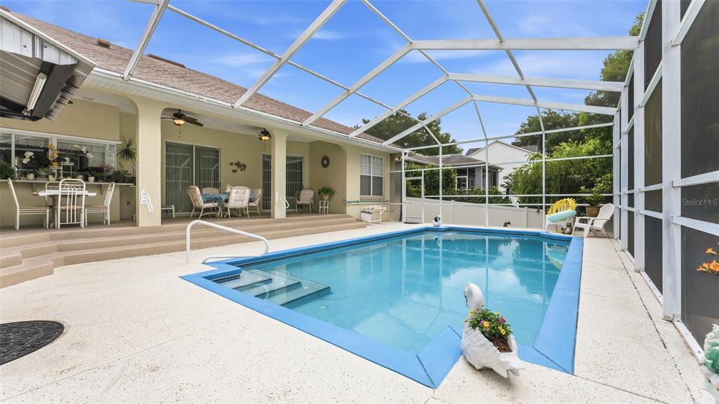 A screened-in patio features a swimming pool with a swan-shaped planter and outdoor seating — 5539 BLOOMFIELD BOULEVARD, LAKELAND, FL