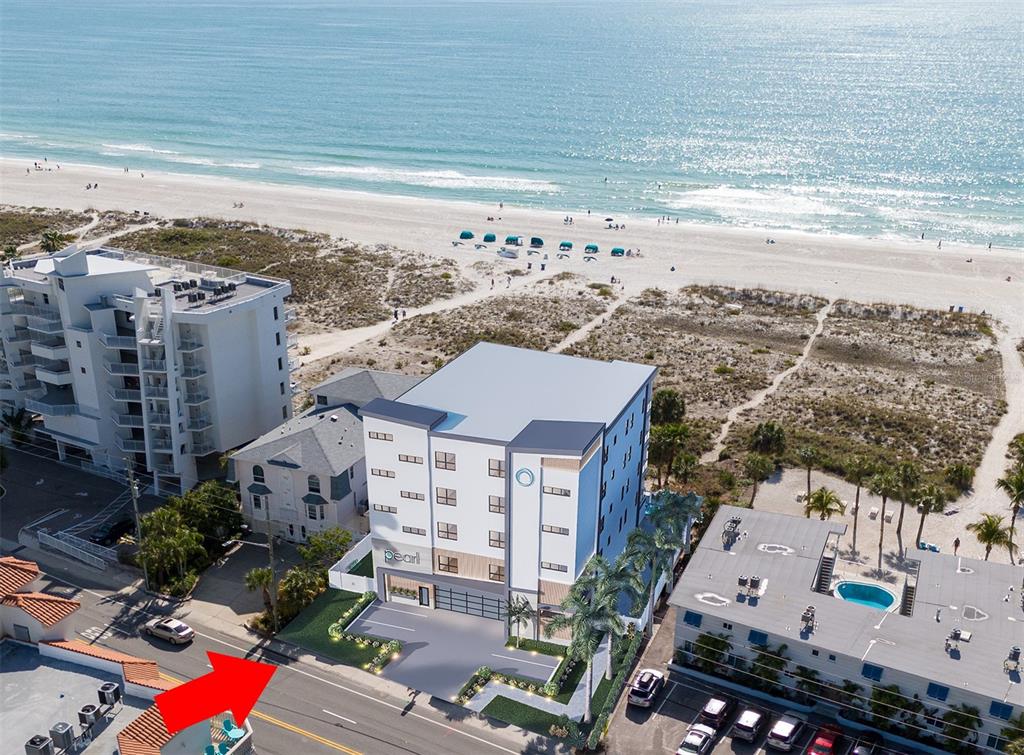 This is an aerial rendering of a multi-story building labeled Pearl near a sandy beach — 10126 GULF BOULEVARD UNIT PH3, TREASURE ISLAND, FL